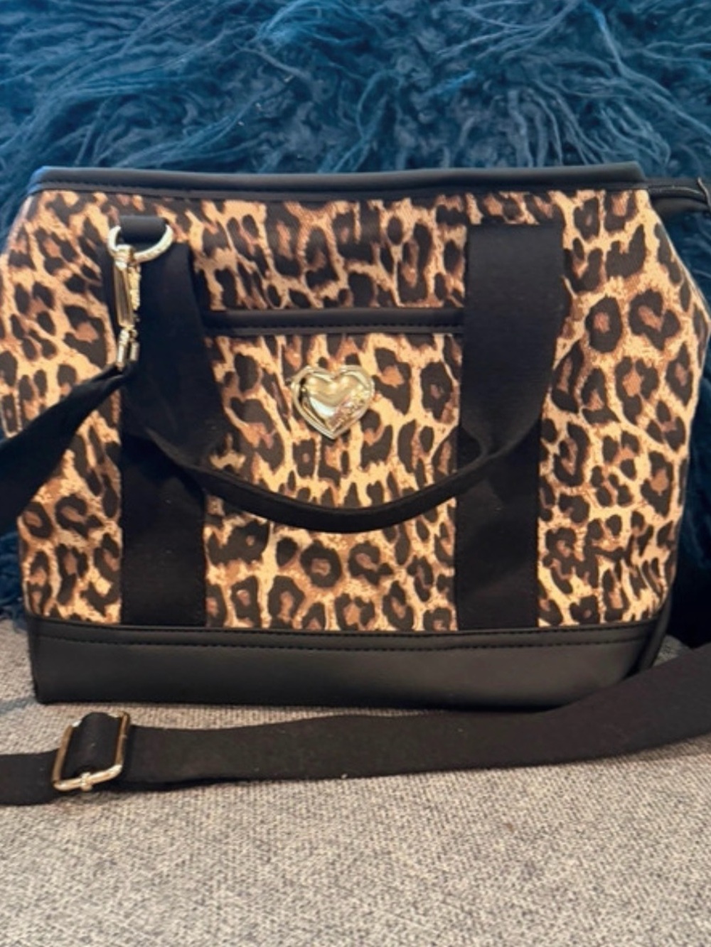 Luv Betsey Leopard Print Shoulder Bag with Gold Heart Accent - Black & Brown